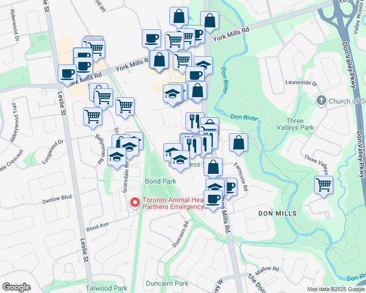 map of restaurants, bars, coffee shops, grocery stores, and more near in Toronto