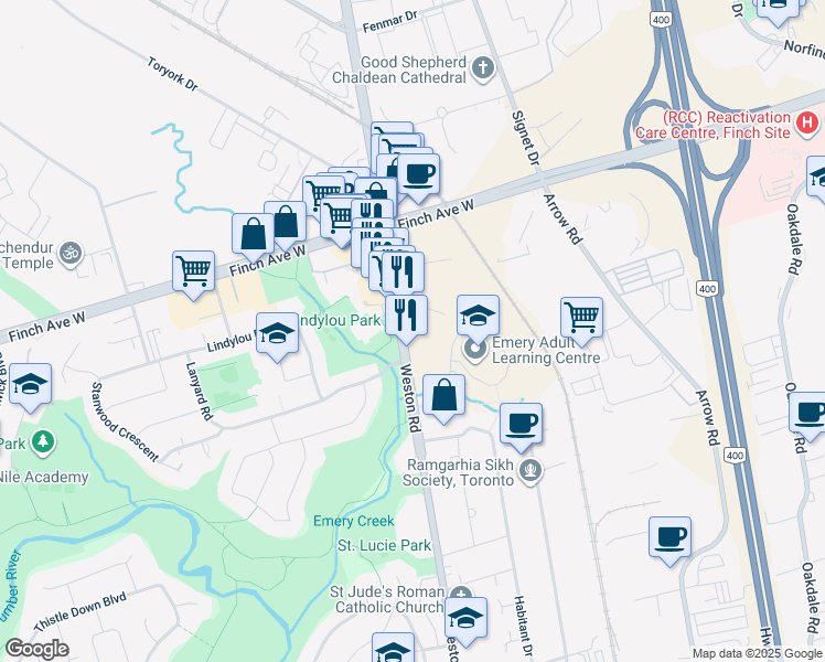 map of restaurants, bars, coffee shops, grocery stores, and more near in Toronto
