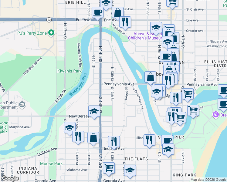 map of restaurants, bars, coffee shops, grocery stores, and more near 526 South 13th Street in Sheboygan