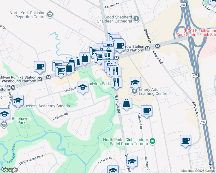 map of restaurants, bars, coffee shops, grocery stores, and more near 3390 Weston Road in Toronto