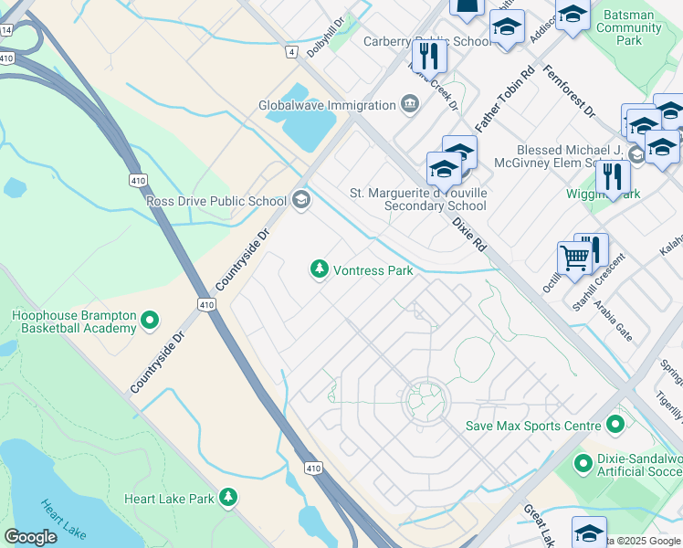 map of restaurants, bars, coffee shops, grocery stores, and more near 59 Templehill Road in Brampton