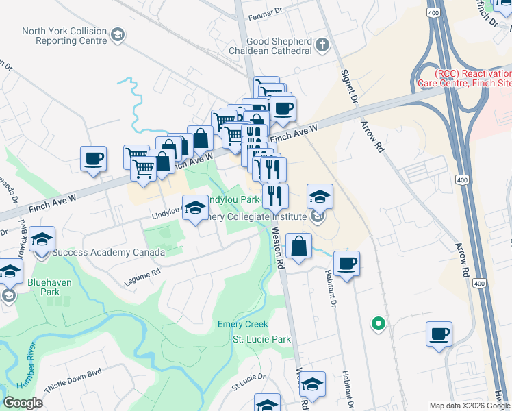 map of restaurants, bars, coffee shops, grocery stores, and more near 3390 Weston Road in Toronto