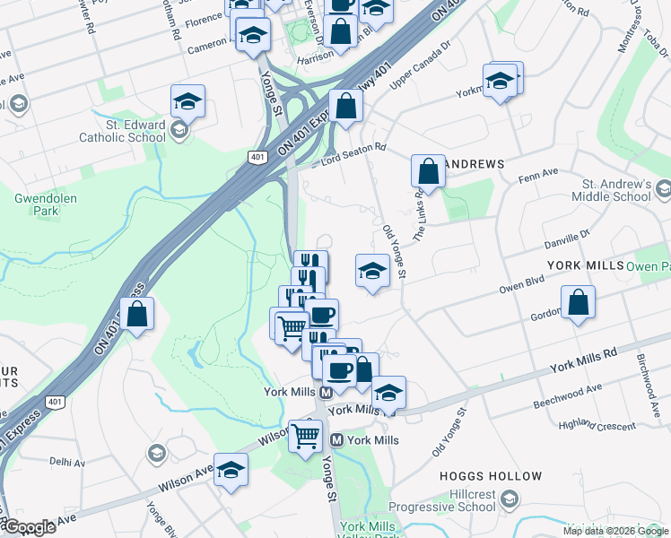 map of restaurants, bars, coffee shops, grocery stores, and more near 11 William Carson Crescent in Toronto