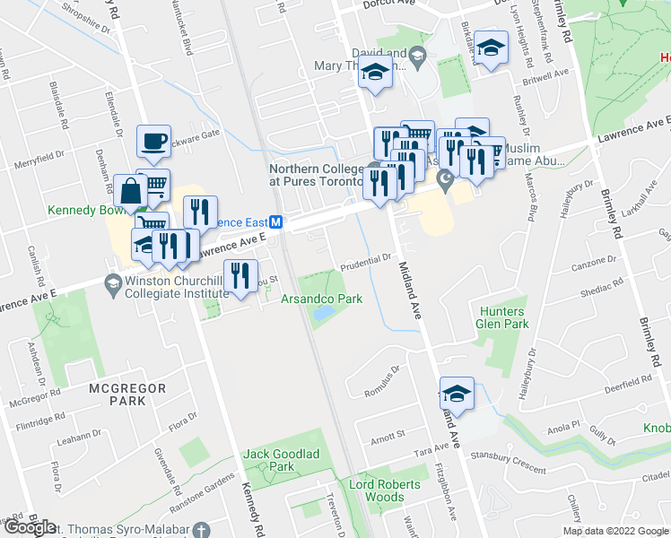 map of restaurants, bars, coffee shops, grocery stores, and more near 102 Prudential Drive in Toronto