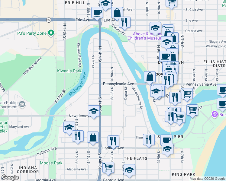 map of restaurants, bars, coffee shops, grocery stores, and more near 526 South 13th Street in Sheboygan