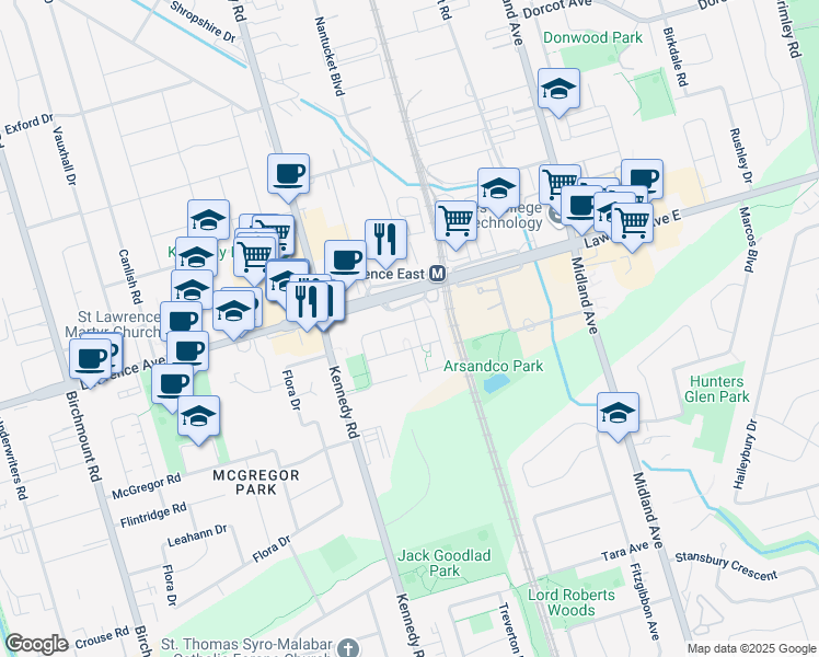 map of restaurants, bars, coffee shops, grocery stores, and more near 139 Mike Myers Drive in Toronto
