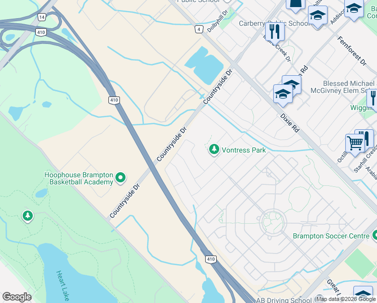 map of restaurants, bars, coffee shops, grocery stores, and more near 40 Sussexvale Drive in Brampton