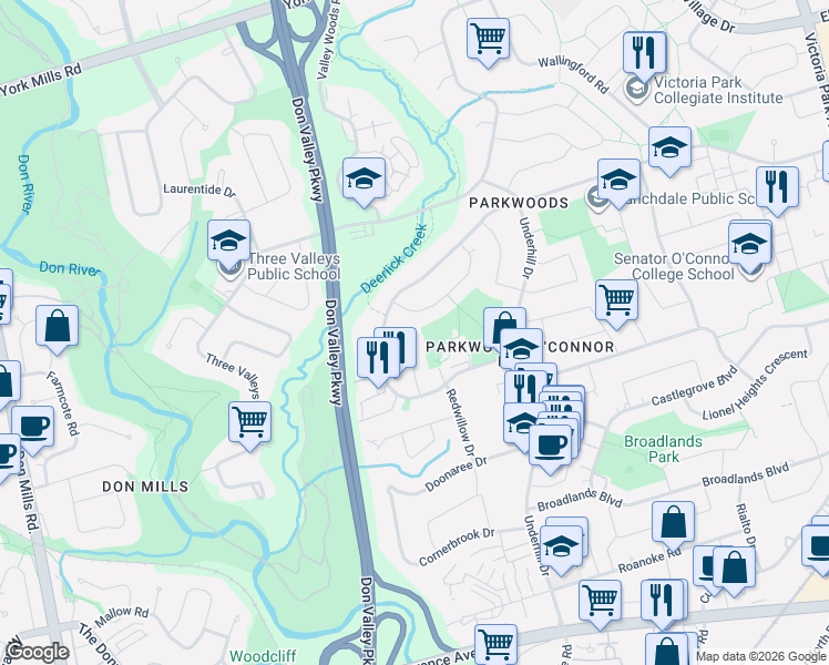 map of restaurants, bars, coffee shops, grocery stores, and more near 23 Whitefriars Drive in Toronto