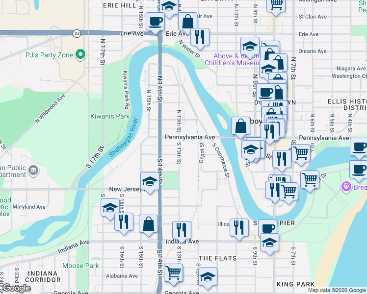 map of restaurants, bars, coffee shops, grocery stores, and more near 526 South 13th Street in Sheboygan