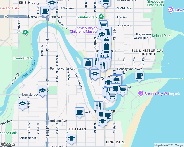 map of restaurants, bars, coffee shops, grocery stores, and more near 526 South Water Street in Sheboygan