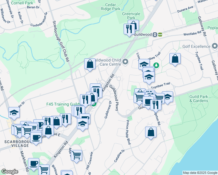 map of restaurants, bars, coffee shops, grocery stores, and more near 15 Guildwood Parkway in Toronto