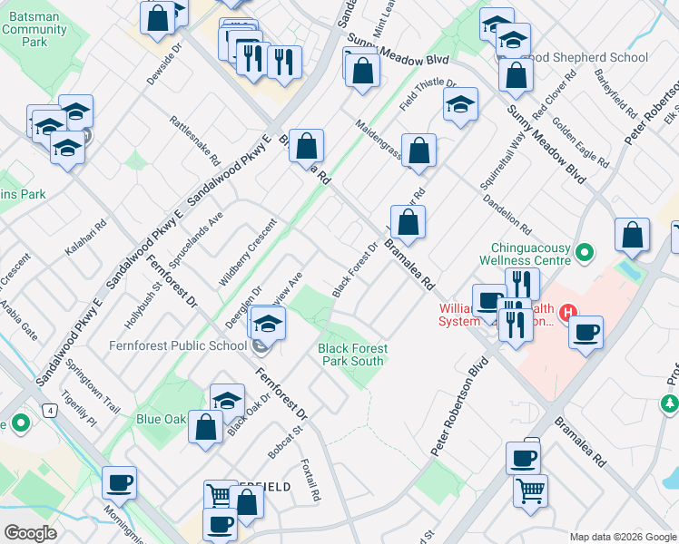 map of restaurants, bars, coffee shops, grocery stores, and more near 10 Sprucelands Avenue in Brampton
