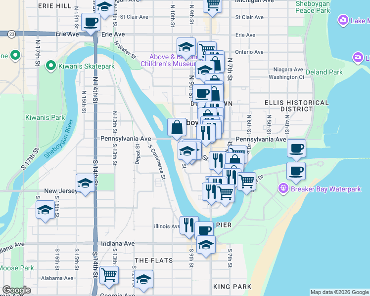 map of restaurants, bars, coffee shops, grocery stores, and more near 526 South Water Street in Sheboygan