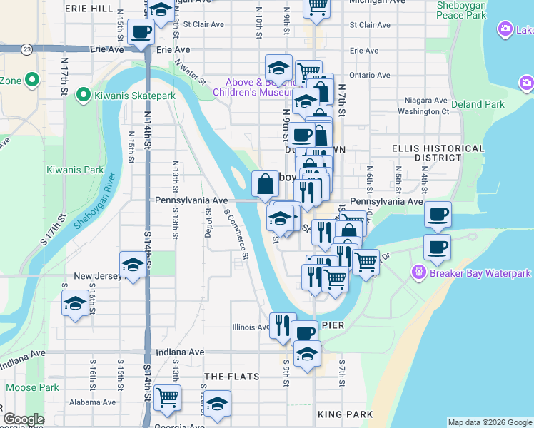 map of restaurants, bars, coffee shops, grocery stores, and more near 526 South Water Street in Sheboygan