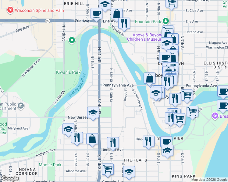 map of restaurants, bars, coffee shops, grocery stores, and more near 526 South 13th Street in Sheboygan