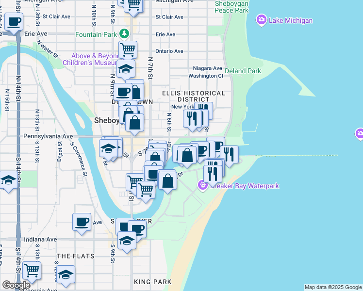 map of restaurants, bars, coffee shops, grocery stores, and more near 401 Pennsylvania Avenue in Sheboygan