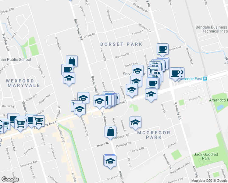 map of restaurants, bars, coffee shops, grocery stores, and more near 4 Vauxhall Drive in Toronto