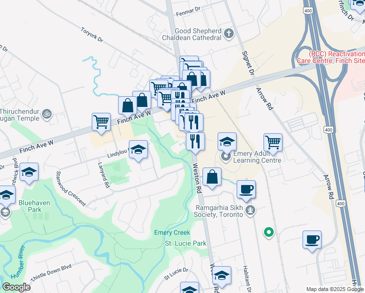 map of restaurants, bars, coffee shops, grocery stores, and more near 3390 Weston Road in Toronto
