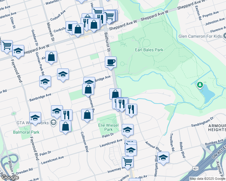 map of restaurants, bars, coffee shops, grocery stores, and more near 4200 Bathurst Street in Toronto