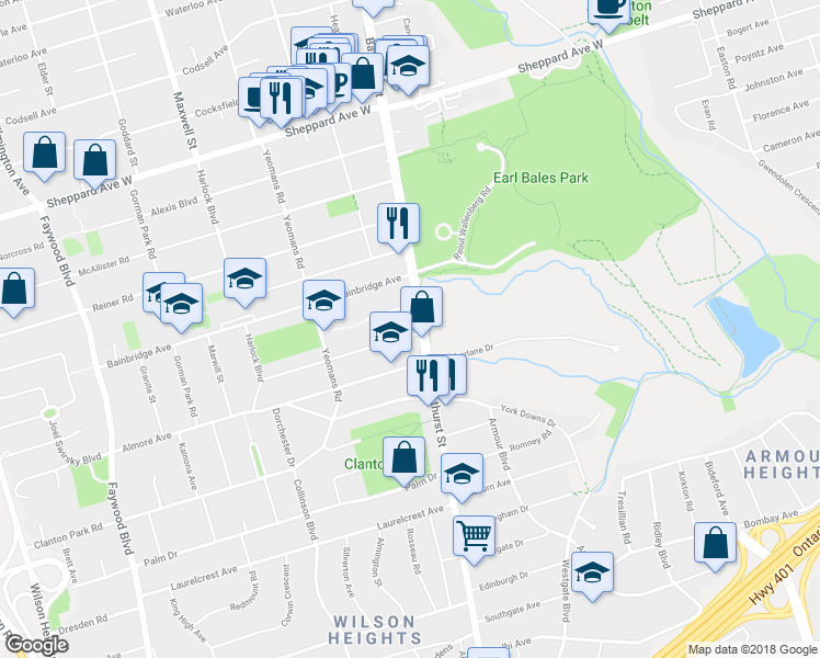 map of restaurants, bars, coffee shops, grocery stores, and more near 4200 Bathurst Street in Toronto