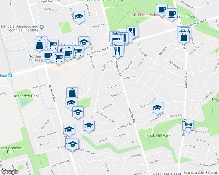 map of restaurants, bars, coffee shops, grocery stores, and more near 21 Canzone Drive in Toronto