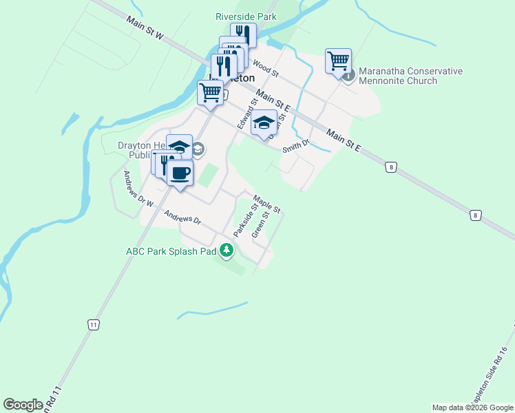 map of restaurants, bars, coffee shops, grocery stores, and more near 31 Parkside Street in Mapleton