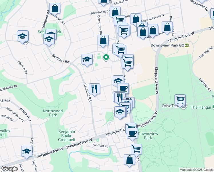 map of restaurants, bars, coffee shops, grocery stores, and more near Dovehouse Avenue in Toronto