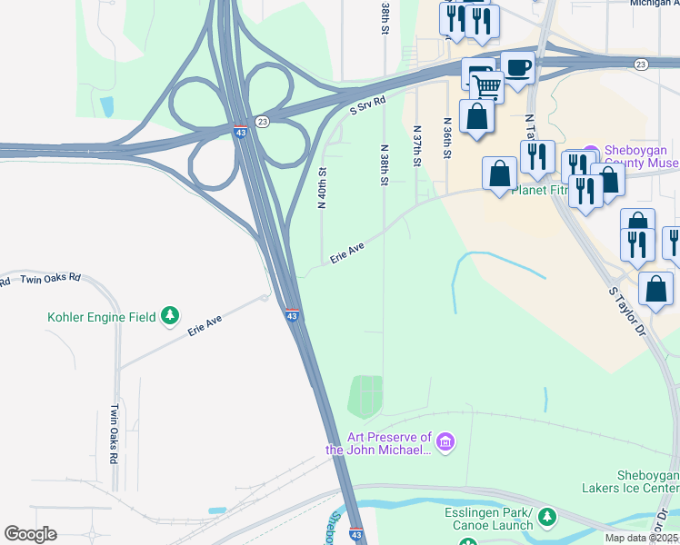map of restaurants, bars, coffee shops, grocery stores, and more near 4001 Erie Avenue in Sheboygan