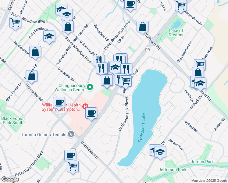 map of restaurants, bars, coffee shops, grocery stores, and more near Bovaird Dr E & Sunny Meadow Blvd in Brampton