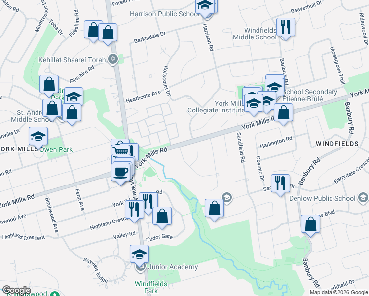 map of restaurants, bars, coffee shops, grocery stores, and more near 20 Oxbow Road in Toronto