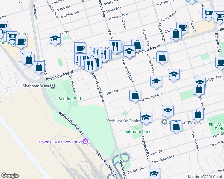map of restaurants, bars, coffee shops, grocery stores, and more near 227 Reiner Road in Toronto