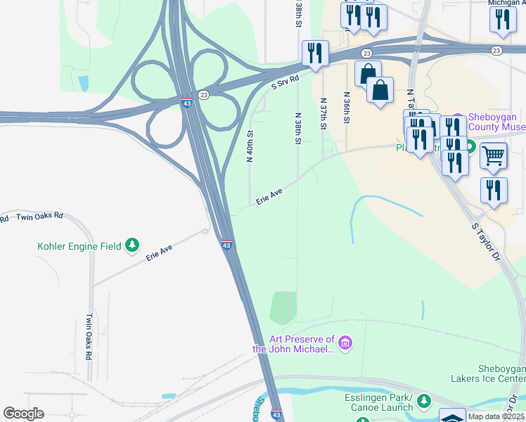 map of restaurants, bars, coffee shops, grocery stores, and more near 4001 Erie Avenue in Sheboygan