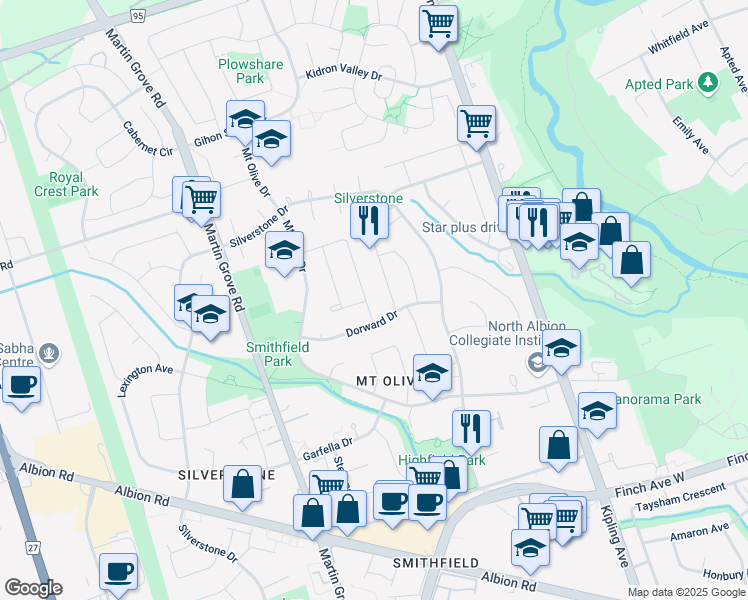 map of restaurants, bars, coffee shops, grocery stores, and more near 9 Blackbush Drive in Toronto