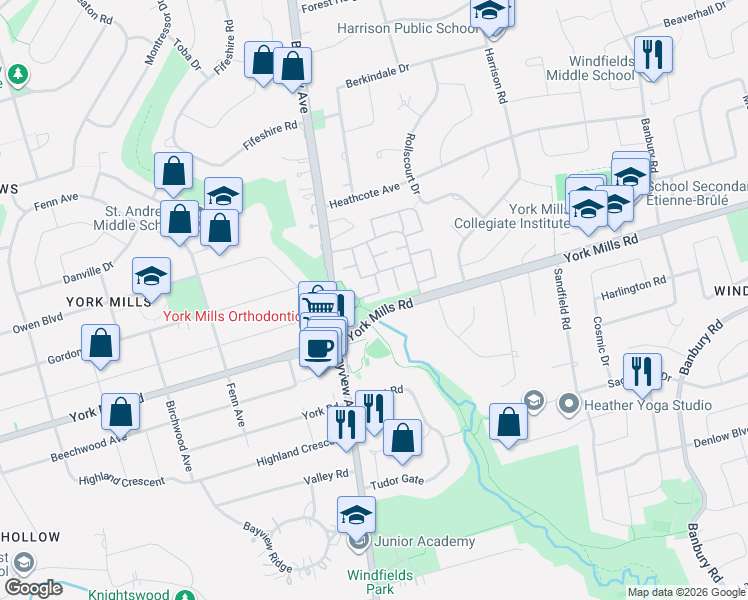 map of restaurants, bars, coffee shops, grocery stores, and more near 27 Proudbank Millway in Toronto