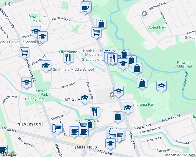 map of restaurants, bars, coffee shops, grocery stores, and more near 11 Valetta Court in Toronto