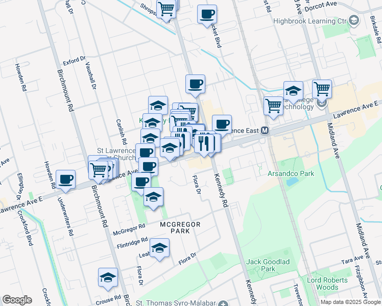 map of restaurants, bars, coffee shops, grocery stores, and more near in Toronto