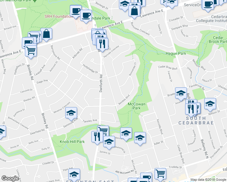 map of restaurants, bars, coffee shops, grocery stores, and more near 555 McCowan Road in Toronto