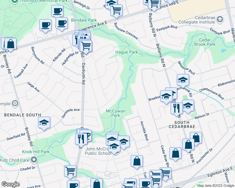 map of restaurants, bars, coffee shops, grocery stores, and more near 23 Bendale Boulevard in Toronto
