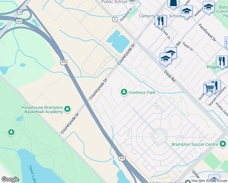 map of restaurants, bars, coffee shops, grocery stores, and more near 39 Sussexvale Drive in Brampton
