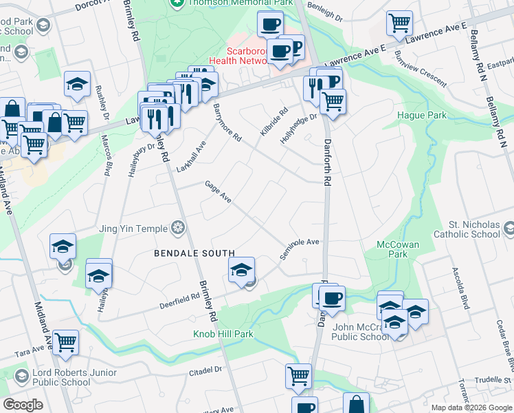 map of restaurants, bars, coffee shops, grocery stores, and more near 61 Kootenay Crescent in Toronto