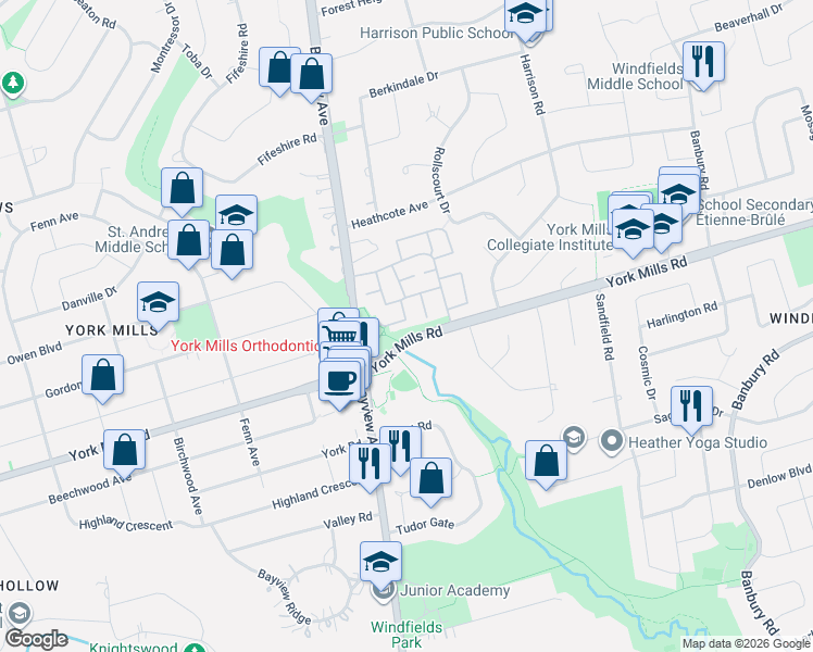 map of restaurants, bars, coffee shops, grocery stores, and more near 27 Proudbank Millway in Toronto
