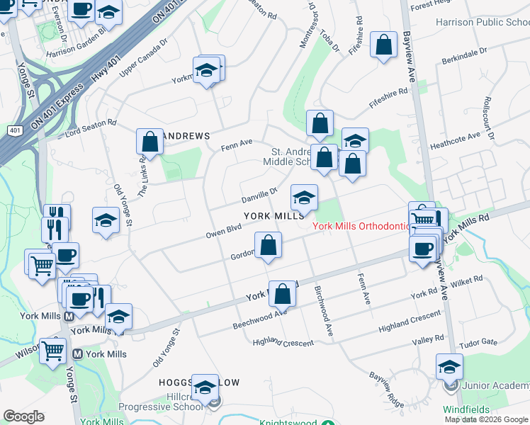 map of restaurants, bars, coffee shops, grocery stores, and more near 100 Owen Boulevard in Toronto