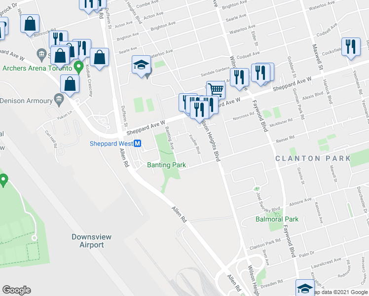 map of restaurants, bars, coffee shops, grocery stores, and more near 12 Embro Drive in Toronto