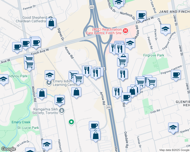 map of restaurants, bars, coffee shops, grocery stores, and more near 29 Pemican Court in Toronto