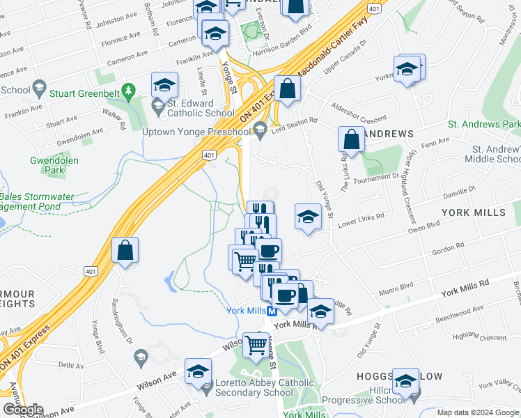 map of restaurants, bars, coffee shops, grocery stores, and more near in Toronto