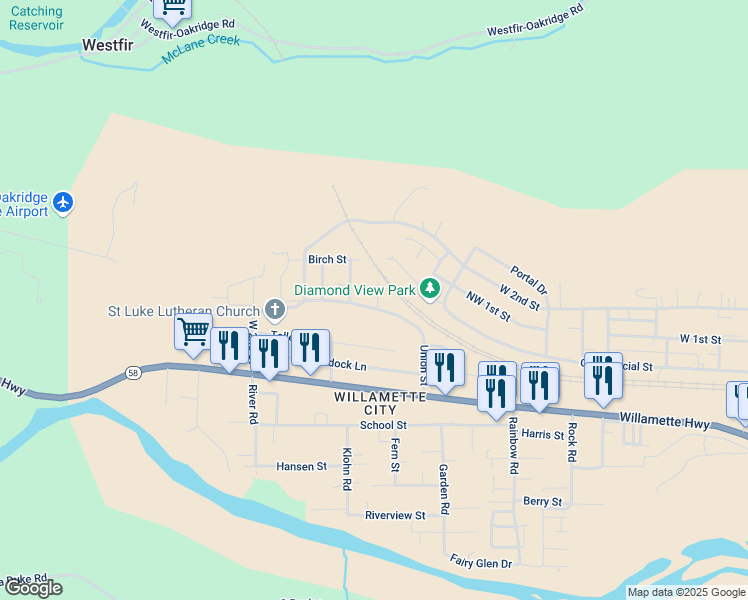 map of restaurants, bars, coffee shops, grocery stores, and more near 47590 Union Street in Oakridge