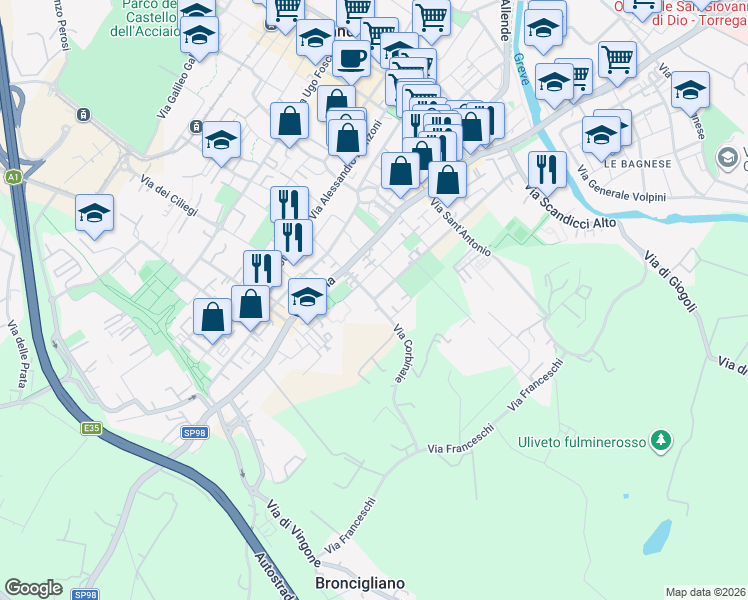 map of restaurants, bars, coffee shops, grocery stores, and more near 29 Via Corbinaie in Scandicci