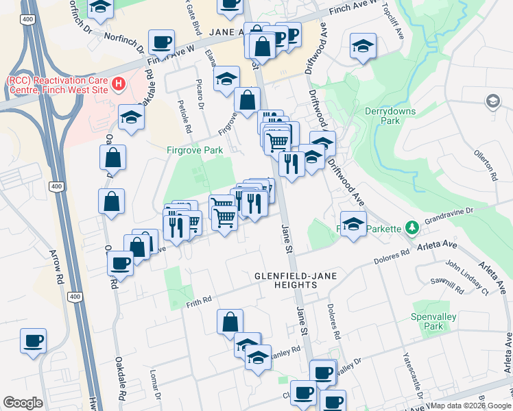 map of restaurants, bars, coffee shops, grocery stores, and more near 10 Eddystone Avenue in Toronto