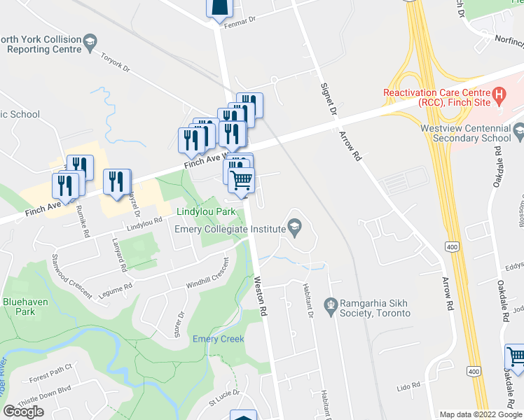 map of restaurants, bars, coffee shops, grocery stores, and more near 2 Vena Way in Toronto