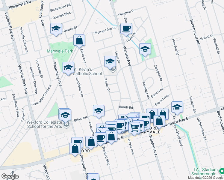 map of restaurants, bars, coffee shops, grocery stores, and more near 6 Rosemarie Drive in Toronto